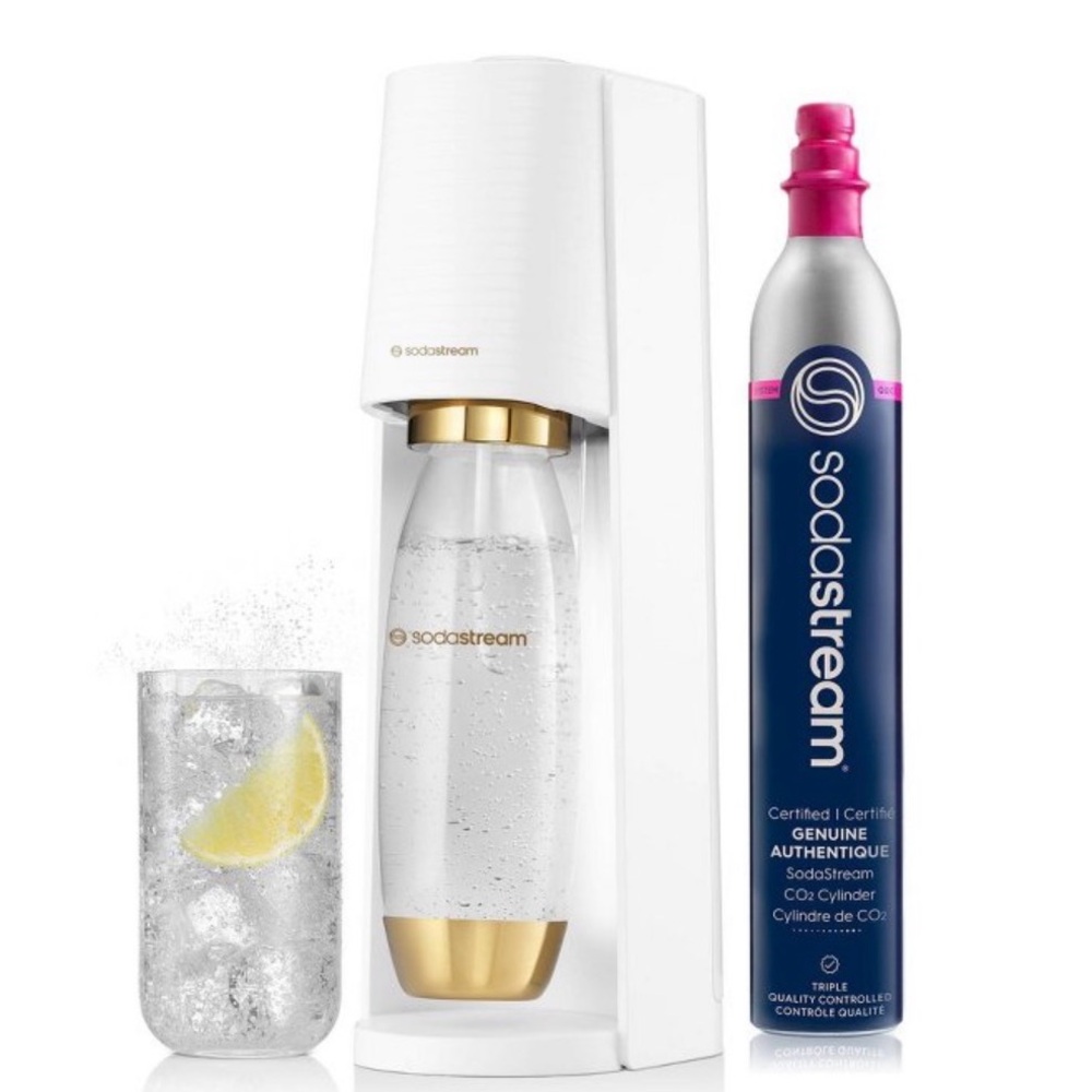 Sodastream Terra Sparkling Water Maker with CO2 &Carbonating Bottle; White/Gold